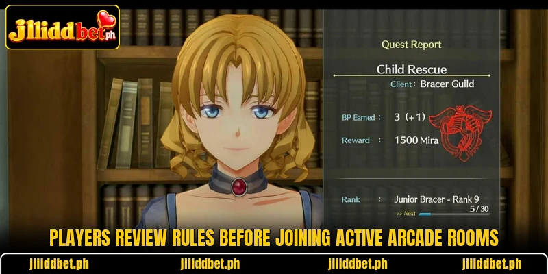Players review rules before joining active arcade rooms